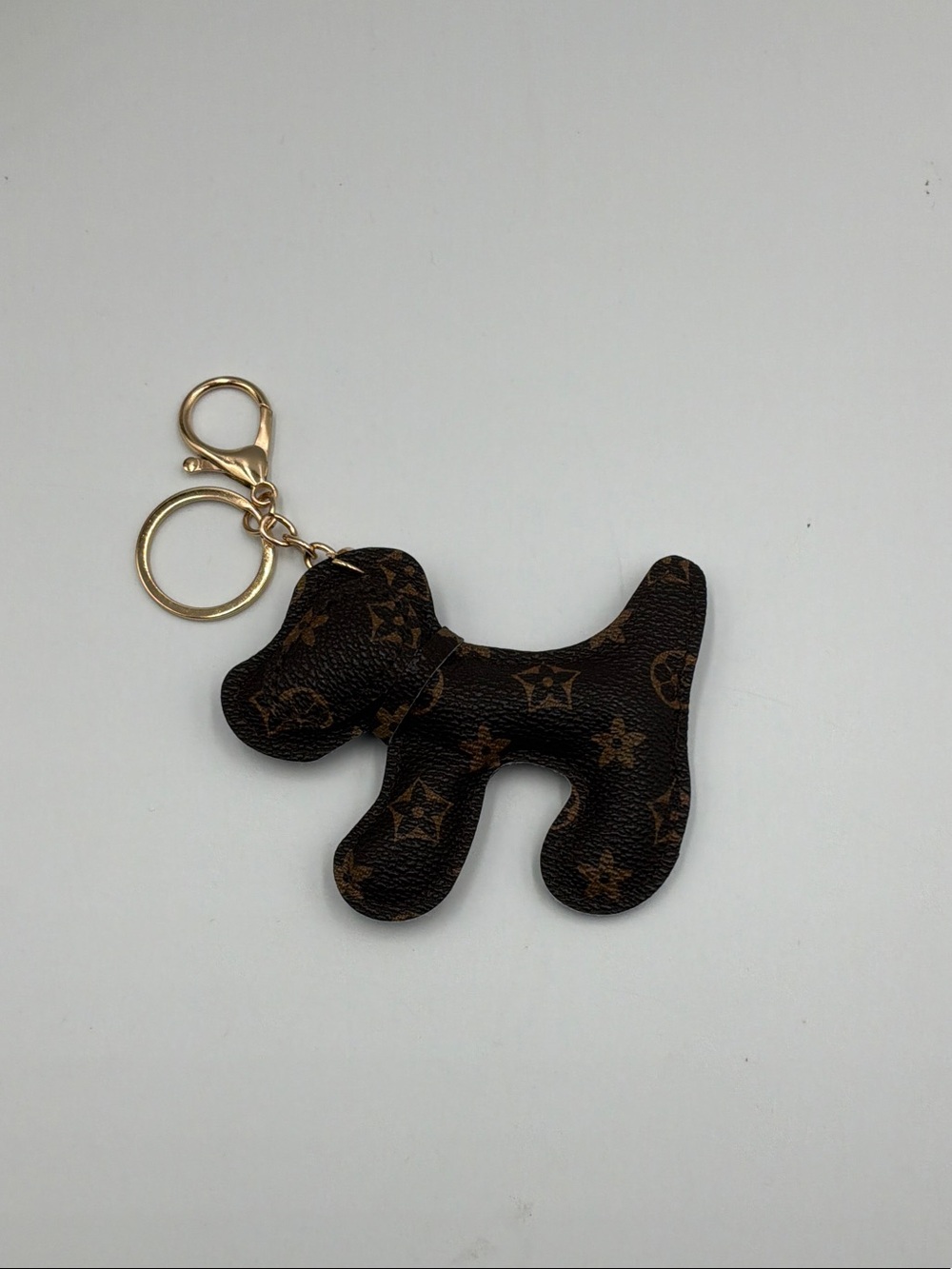 Designer Inspired Brown Dog Keychain with Gold Hardware